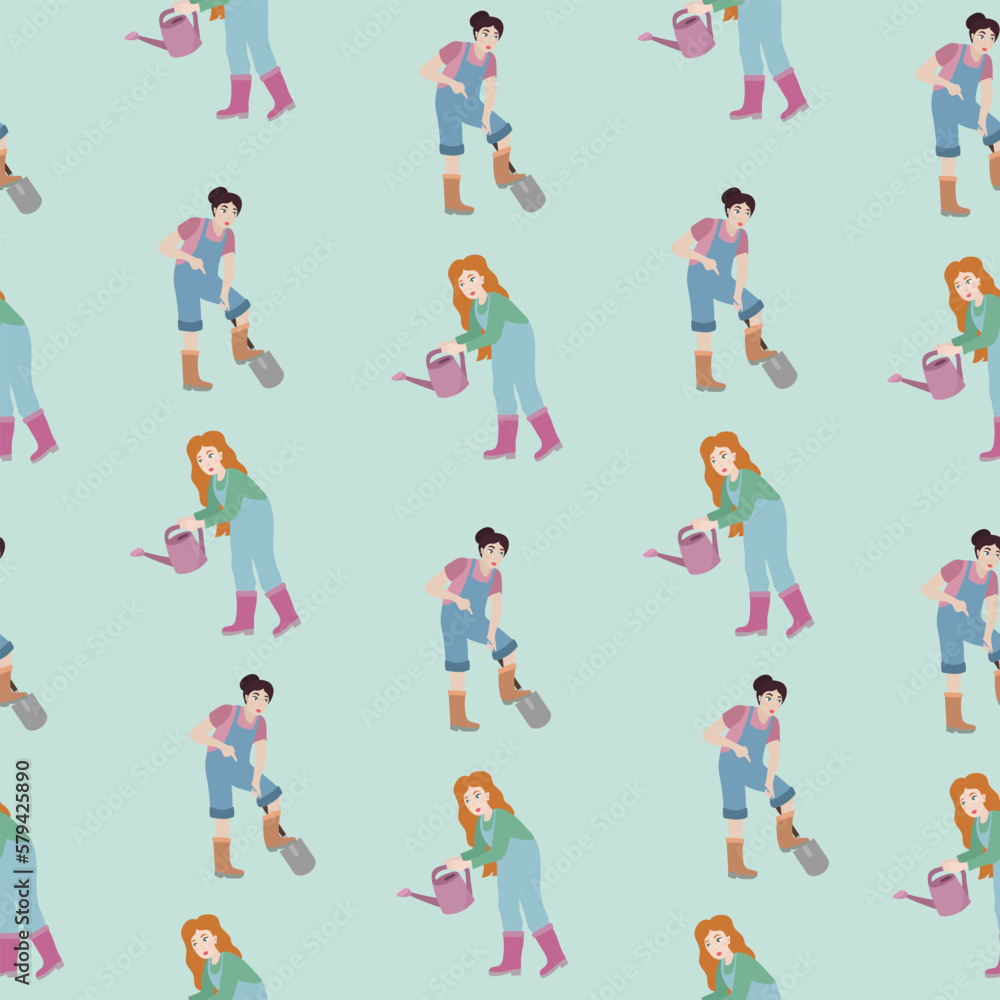 Seamless pattern wirh woman with watering can and woman digging up ground with shovel. Spring concept