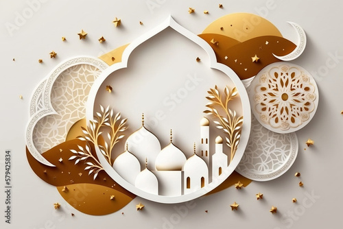 Islamic Arabic Arabesque Ornament Border Luxury Abstract and mosque White Background with Copy Space for Text. generative ai