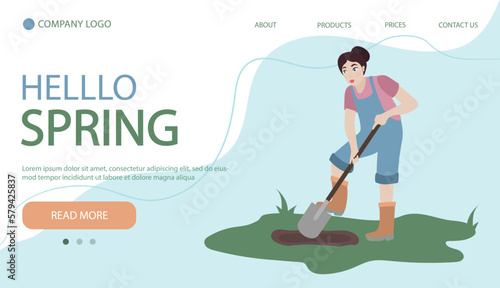 Woman digging up ground with shovel. Woman working in garden. Illustartion in flat cartoon style. Web page banner
