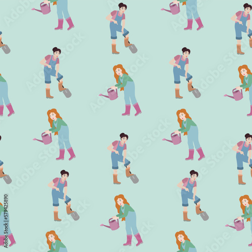 Seamless pattern wirh woman with watering can and woman digging up ground with shovel. Spring concept