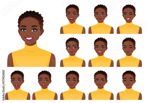 Young African American woman with short haircut different facial expressions set isolated vector illustration