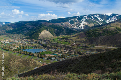 View of Avon in a valley, Nottingham Park and Beaver Creak, CO, USA.
