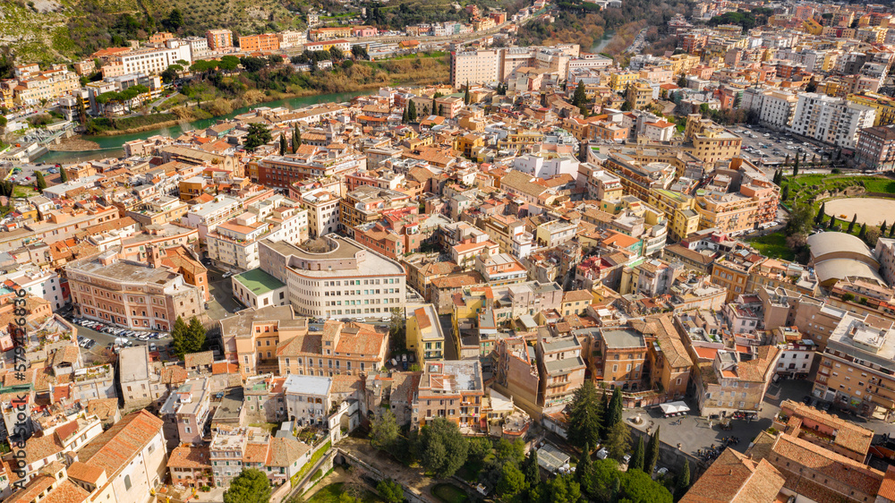 Aerial view on the historic city center of Tivoli, near Rome, Italy. Old Town of Tivoli from above.