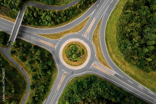 Aerial drone shot of an empty roundabout photo