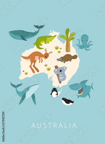 Print. Print. Poster "Australia" map with animals of the continent. Cartoon characters. Cartoon animals. Kangaroo, koala, whale, crocodile, penguin, platypus, octopus