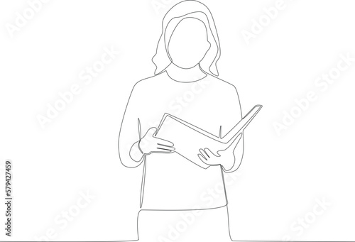 A female teacher reading a book in her hands. Teacher's day one line drawing