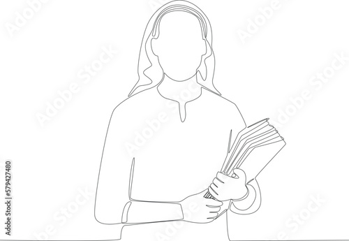 A student gives her workbook to her teacher. Teacher's day one line drawing