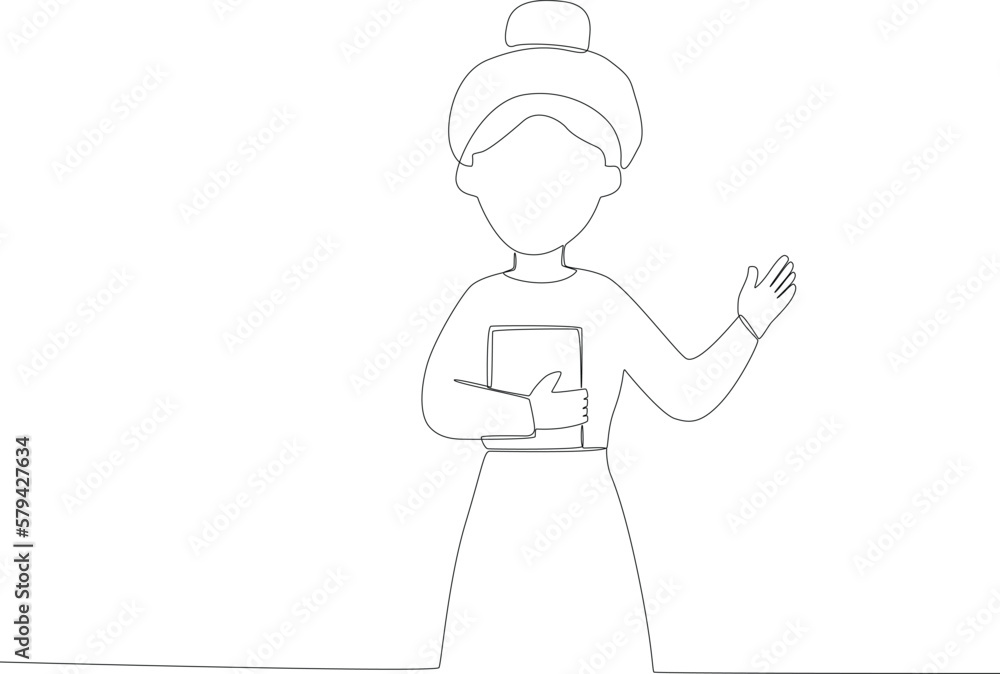 A pigtail hair teacher started the lesson. Teacher's day one line drawing