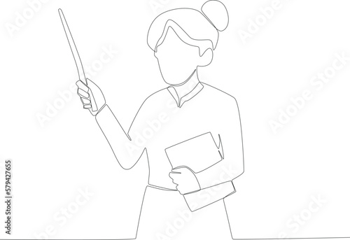 A teacher holding a book and chalk. Teacher's day one line drawing