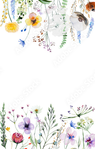 Border made of watercolor wild flowers and leaves, summer wedding and greeting illustration