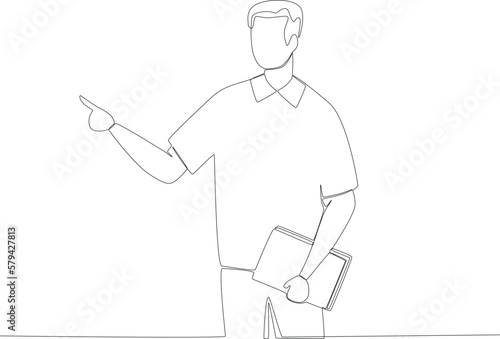 A young teacher appoints students to answer the lesson. Teacher's day one line drawing