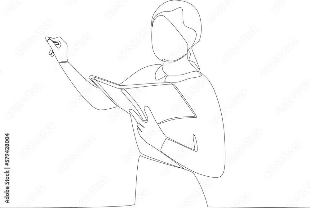 A female teacher writes the result of a math answer. Teacher's day one line drawing A female teacher writes the result of a math answer. Teacher's day one line drawing