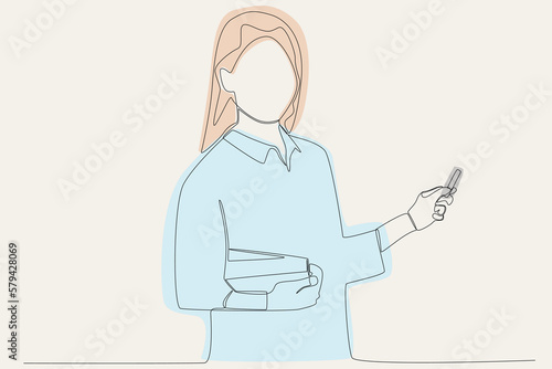 Colored illustration of a teacher teaching in the class. Teacher's day one line drawing