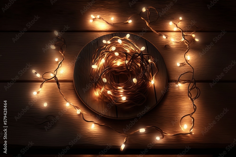 A Festive Delight: Sparkling Christmas Lights on a Wooden Table - Generative AI A Festive Delight: Sparkling Christmas Lights on a Wooden Table - Generative AI