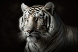 A stunning likeness of a tiger. Extreme close up of a big cat. Tiger in the shadows, staring at you. A white lion pictured on a black backdrop. Generative AI