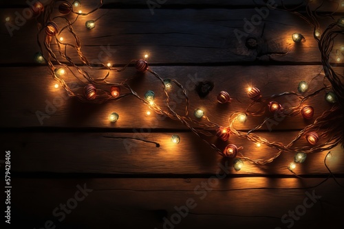 Celebrating in Style: Captivating Christmas Lights on a Wooden Table - Generative AI