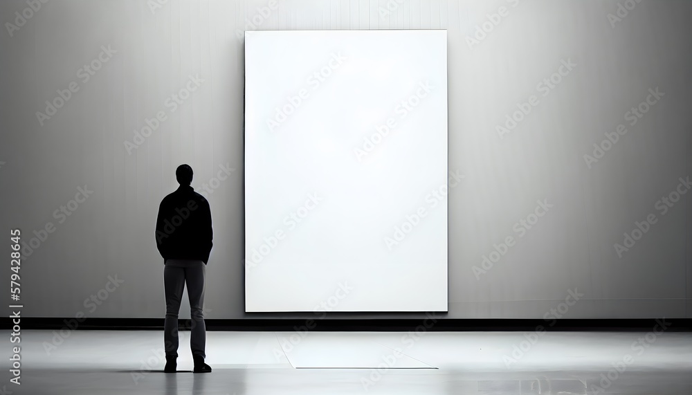 person in a exhibition room, man standing in front of a blank canvas, generative ai, modern mockup design for advertising, looking paint art concept