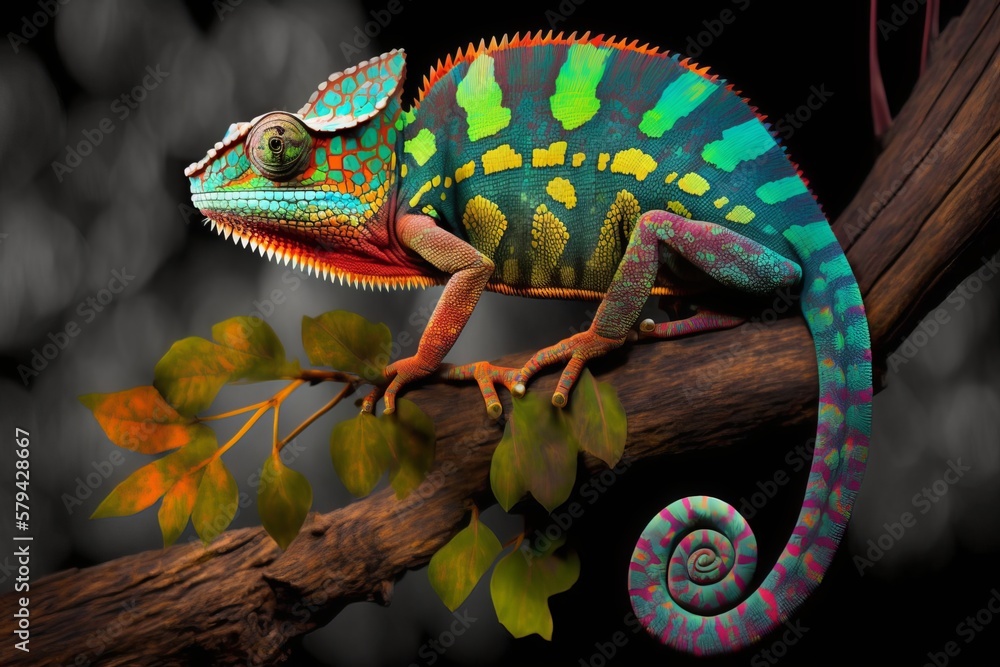 Fototapeta premium Chameleon's brilliant colors fascinate onlookers - Generative AI