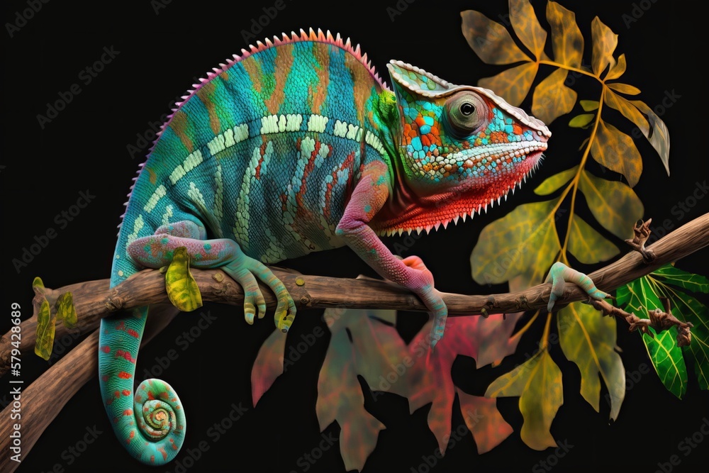 Fototapeta premium Close-up of chameleon's mesmerizing rainbow pattern - Generative AI
