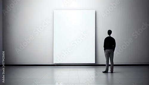 person in a exhibition room, man standing in front of a blank canvas, generative ai, modern mockup design for advertising, looking paint art concept