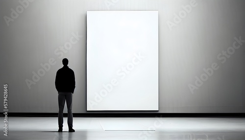 person in a exhibition room, man standing in front of a blank canvas, generative ai, modern mockup design for advertising, looking paint art concept