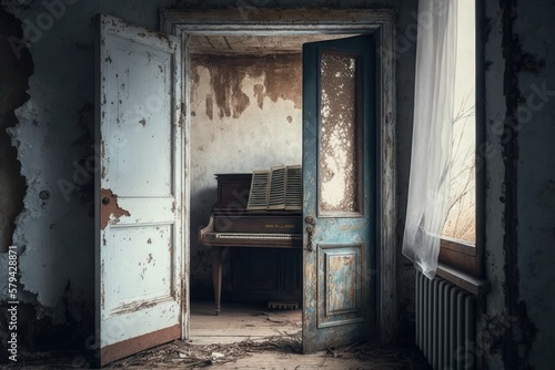 A rusty piano in a white room with a door and a window. Generative AI