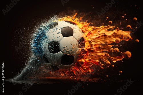 Flames and water droplets erupting from the ground around a soccer ball in a fiery background. Generative AI