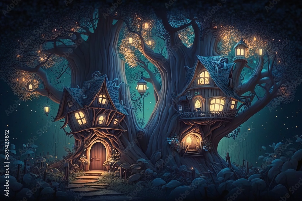 The Enchanted Forest: Houses and Lamp Light at Night - Generative AI The Enchanted Forest: Houses and Lamp Light at Night - Generative AI