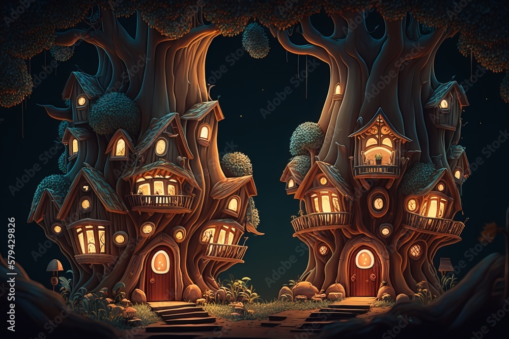 Whimsical Nightscapes: Houses in the Magical Forest - Generative AI