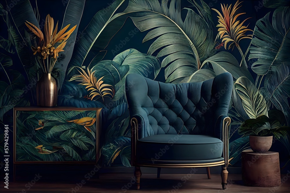 Tropical leaves wallpaper for Hotel living room, Classic tropical plant