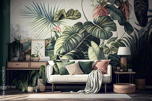 Tropical leaves wallpaper for Hotel living room, Classic tropical plant wallpaper, modern living room, white tropical Interior, generative ai, illustration jungle background, floral vintage design