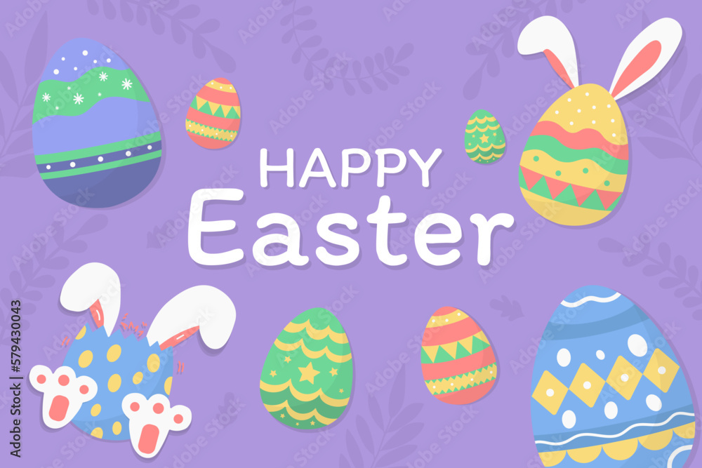 Happy Easter Day with easter egg on purple background.