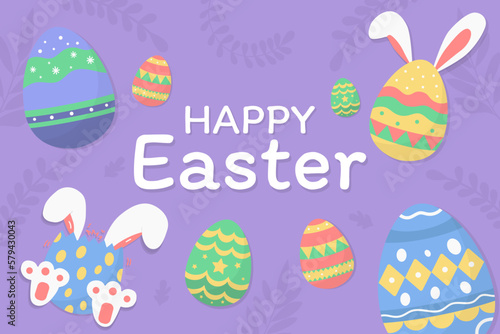 Happy Easter Day with easter egg on purple background.