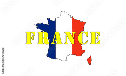 france, the silhouette of france and the tricolor with the very clear writing, logo and symbol of france. In the heart of the European community. photo