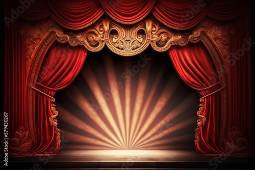 Enter the realm of mystery: Magic theater stage with striking red curtains and magical lighting - Generative AI