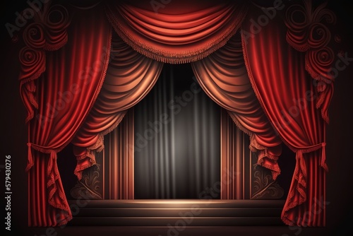 The magic begins: Theater stage with vibrant red curtains and brilliant spotlight - Generative AI