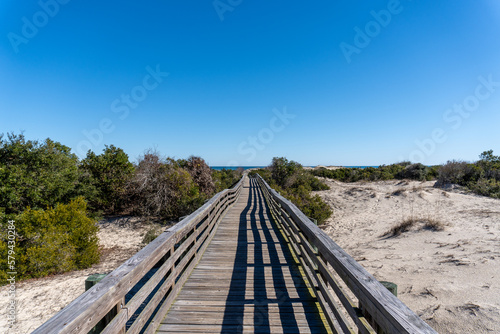 Boardwalk over dunes at Cumberland Island National Seashore. Cumberland Island, largest of Georgia's Golden Isles, is managed by National Park Service.  photo
