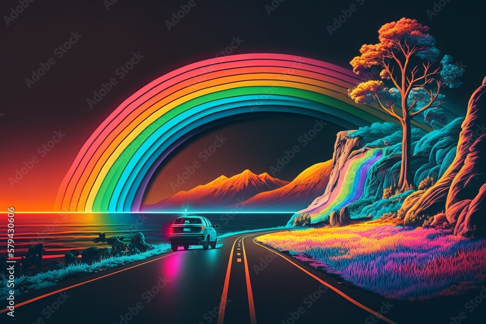Experience the wonder of a rainbow in neon form - Generative AI