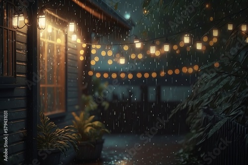 Tranquil night rain with gentle string lights - Generative AI