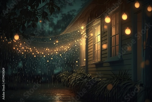 Ambient night rain with whimsical string lights - Generative AI