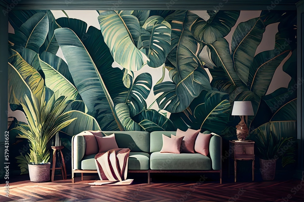 custom made wallpaper toronto digitalliving room interior with sofa, Red and green leaves, Classic tropical plant wallpaper, generative ai, high quality