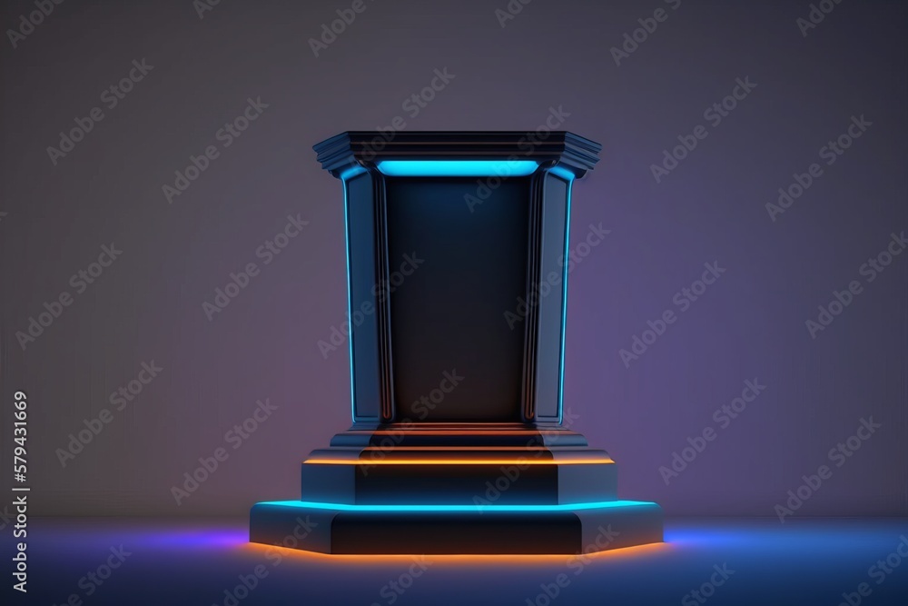 Make your product stand out with a sleek stone podium on a neon background - Generative AI Make your product stand out with a sleek stone podium on a neon background - Generative AI