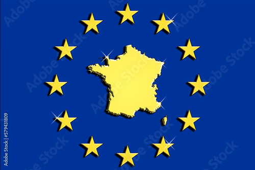 france, the silhouette of france in gold with light reflections, logo and symbol of france. The nation at the heart of the European community.