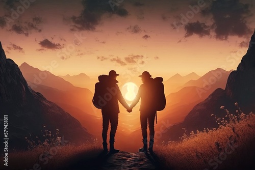 Mountainous Love  Two Partners Hold Hands Against a Serene Background - Generative AI