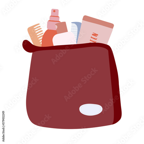 Flat vector illustration: hand drawn roomy cosmetic bag with skin care products. Cream lotion dispenser, hair brush. Perfect for shop, home decor, stickers, cards, flyers etc