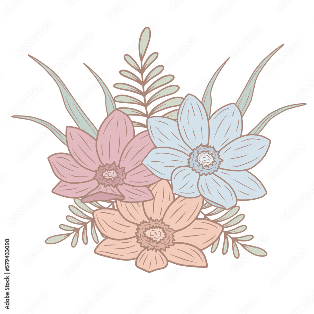 Colorful, pastel spring flower bouquet, vector art