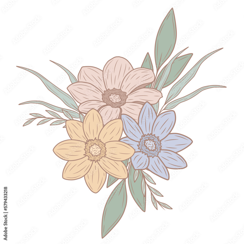 Fototapeta premium Colorful, pastel spring flower bouquet, vector art