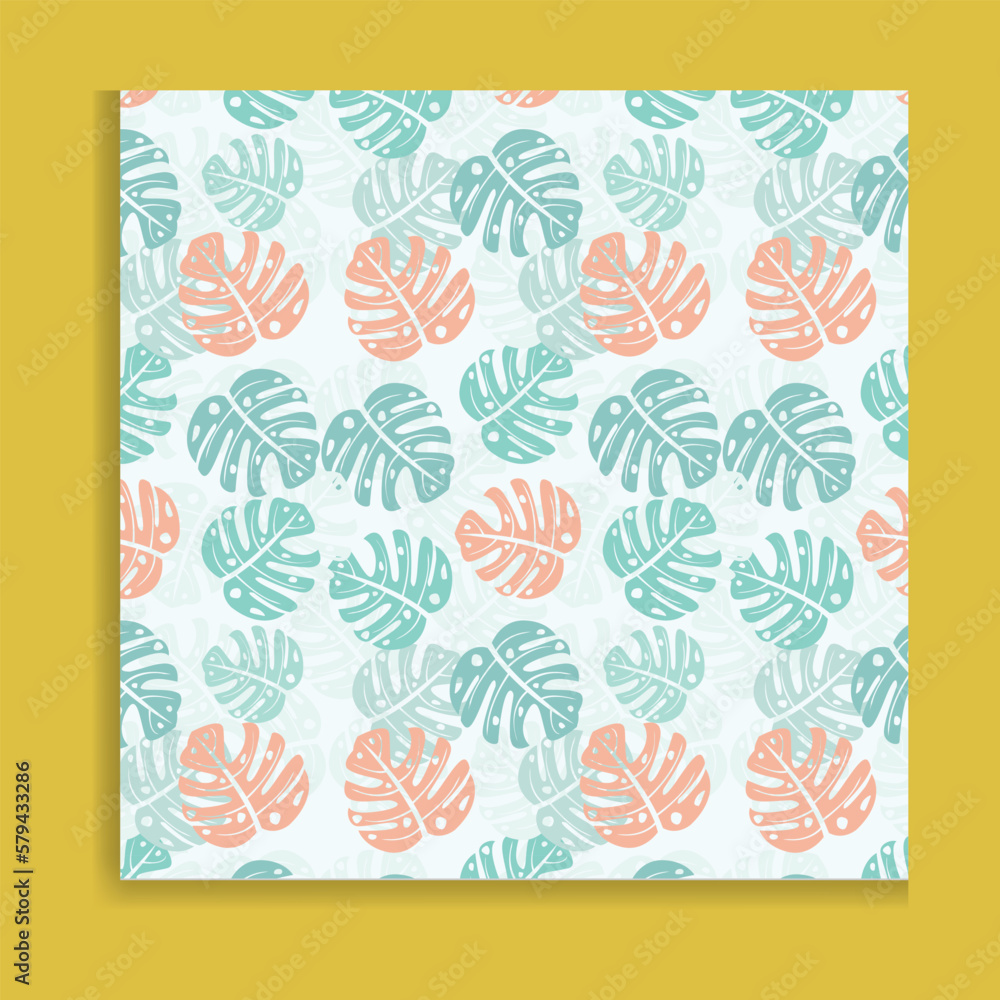 Seamless pattern with green leaves, and tropical leaves on a white background. Vector illustration.