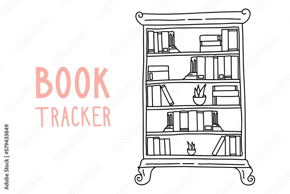 Obraz premium Book tracker for your Journal, Planner. Vector vintage bookshelf in doodle style.
