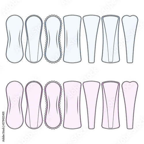 Set of color illustrations with panty liners. Isolated vector objects on white background.